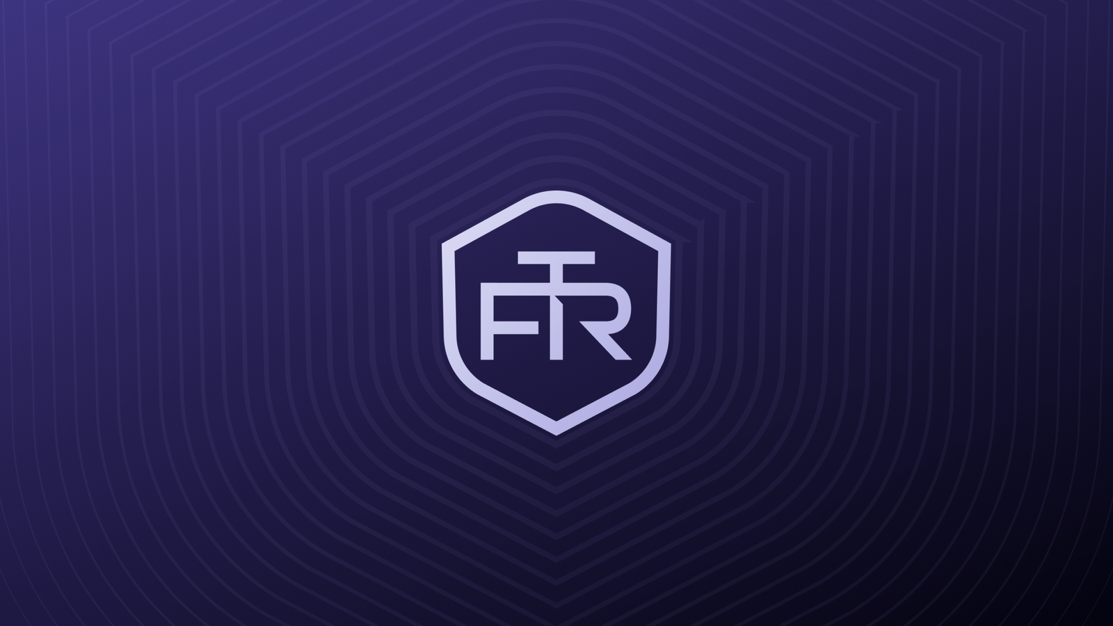 FTR identity shield and monogram on a purple geometric background