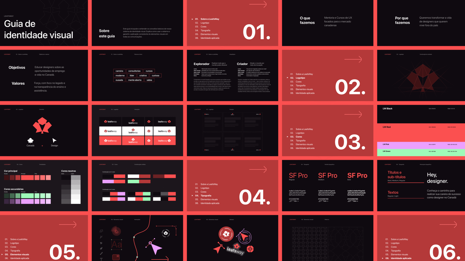 LeafsWay visual identity guide showing logo, typography, colors and graphic elements
