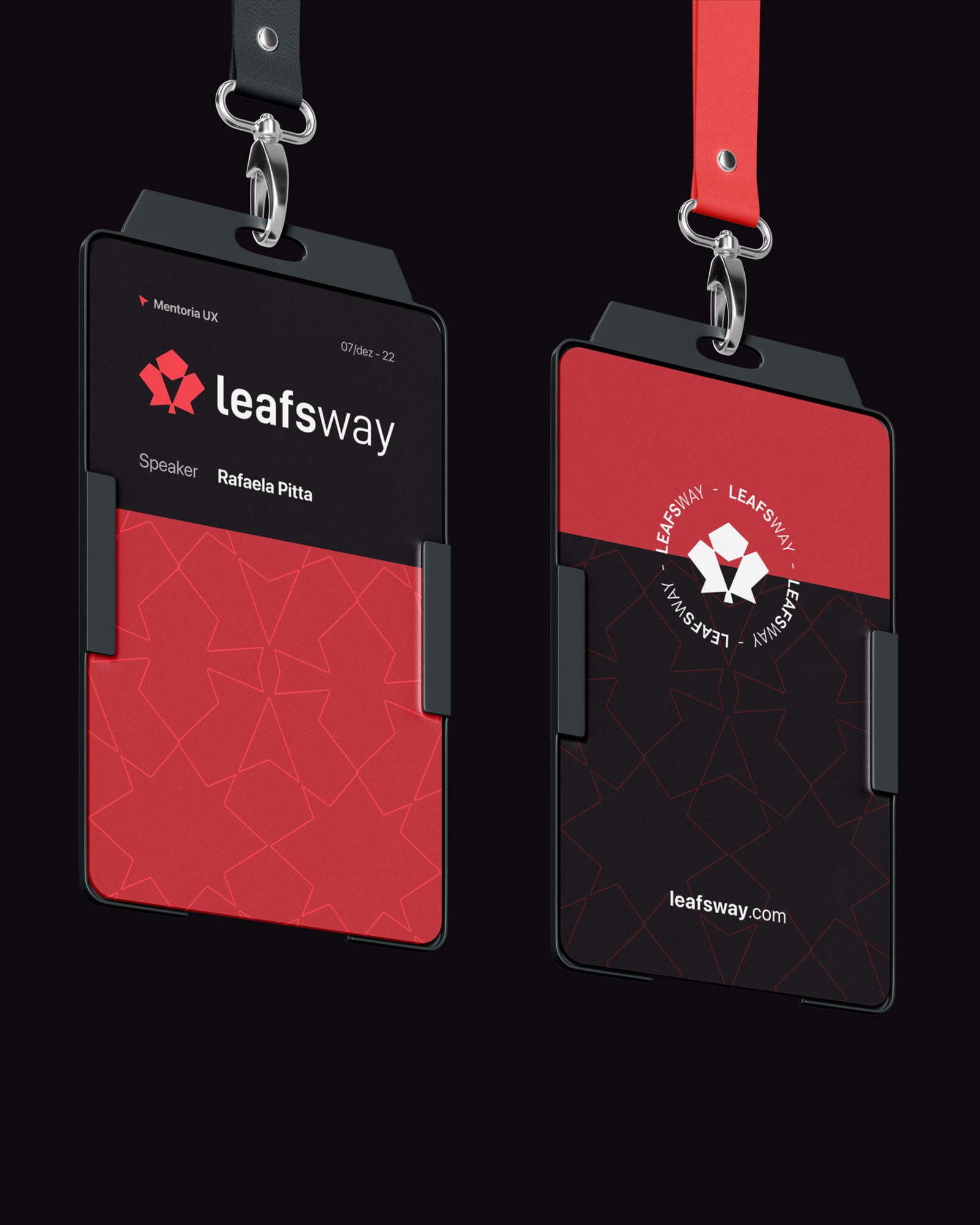 LeafsWay branded conference badges in red and black
